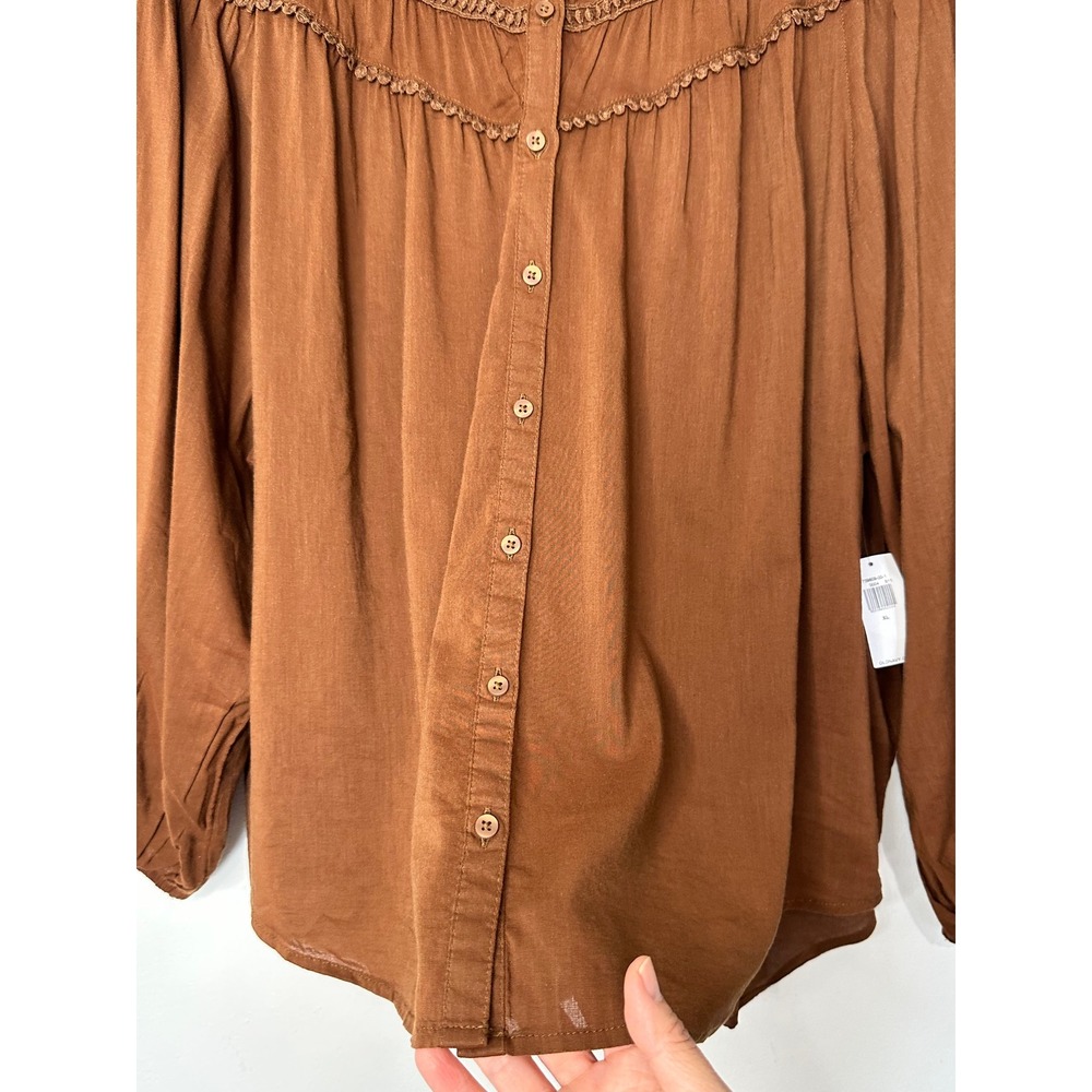 Old Navy Poet Top Size XL Brown Long Sleeve Crochet Lace Trim Boho Fall New - Picture 5 of 9